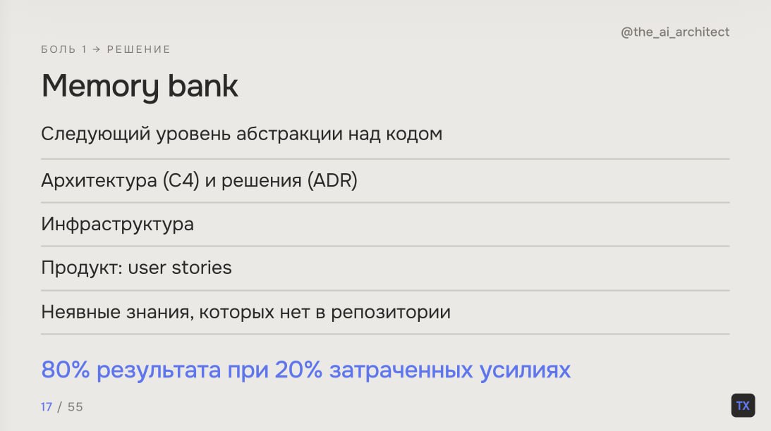 Слайд автора: архитектура, инфраструктура, user stories и неявные знания в memory bank.